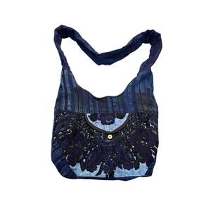 Handmade Mexican Embroidered Blue Floral Boho Zip Womens Shoulder Bag Purse